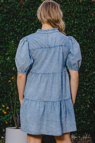 ODDI Washed Tiered Mini Denim Dress Trendsi