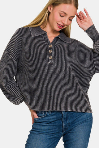 Zenana Washed Half Button Long Sleeve Sweater Trendsi