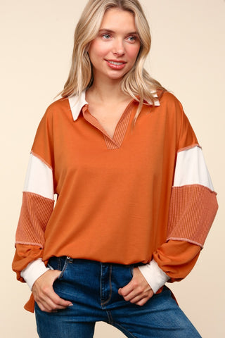 Haptics Color Block Exposed Seam Long Sleeve Top Trendsi