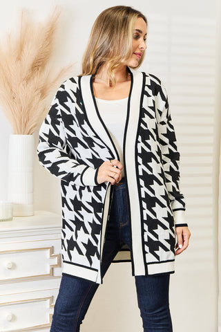 Mandy Woven Right Houndstooth Open Front Longline Cardigan Trendsi