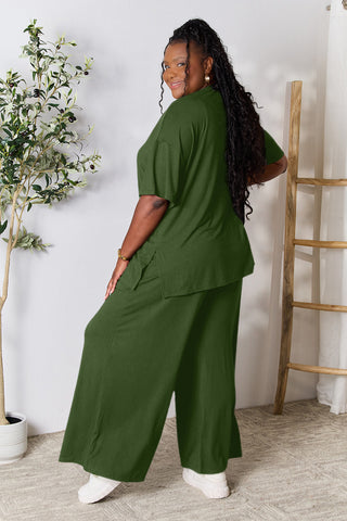 Double Take Full Size Round Neck Slit Top and Pants Set Trendsi