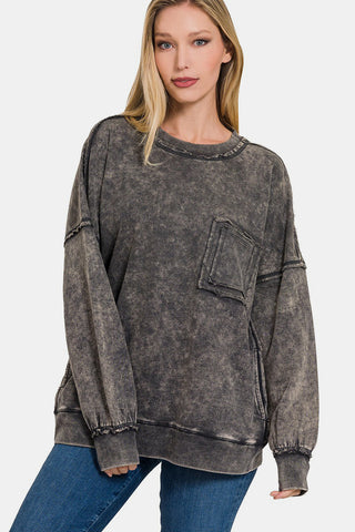 Zenana Exposed Seam Round Neck Dropped Shoulder Sweatshirt Trendsi