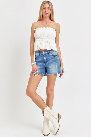 RISEN Front Slit Raw Hem Denim Shorts Trendsi