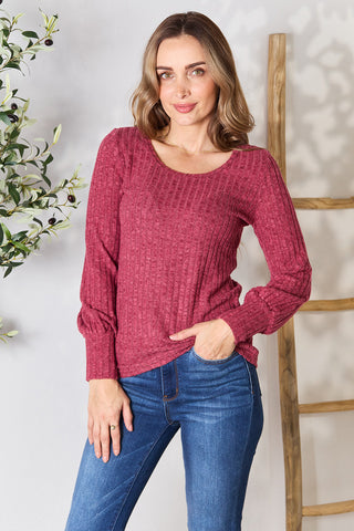 Ribbed Round Neck Lantern Sleeve Blouse Trendsi