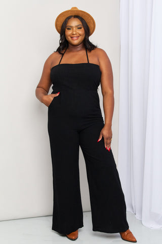 White Birch Full Size Halter Neck Wide Leg Jumpsuit with Pockets Trendsi