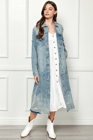 Veveret Full Size Distressed Raw Hem Pearl Detail Button Up Jacket Trendsi