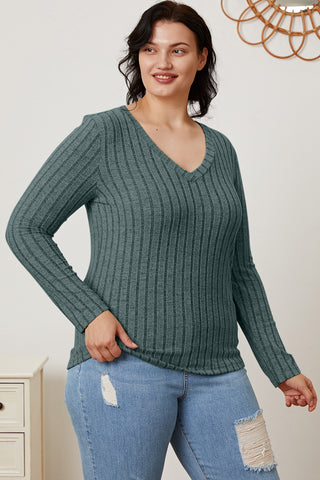 Basic Bae Full Size Ribbed V-Neck Long Sleeve T-Shirt Trendsi