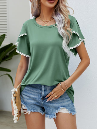 Pom-Pom Trim Flutter Sleeve Round Neck T-Shirt Trendsi