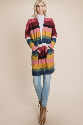 BOMBOM Color Block Striped Open Front Cardigan Trendsi