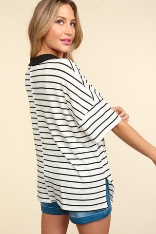 Haptics Full Size Striped Dropped Shoulder Half Sleeve T-Shirt Trendsi