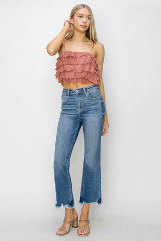 RISEN High Waist Raw Hem Flare Jeans Trendsi