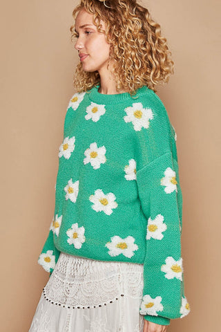 POL Daisy Pattern Drop Shoulder Sweater Trendsi