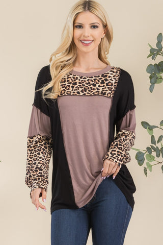 Celeste Full Size Leopard Color Block Exposed Seam T-Shirt Trendsi