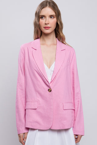 Love Tree One-Button Long Sleeve Linen Blazer Trendsi