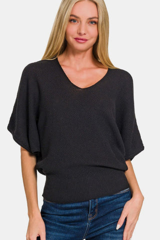 Zenana V-Neck Short Sleeve Dolman Sweater Trendsi