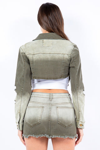 American Bazi Distressed Ombre Washed Cropped Denim Jacket Trendsi