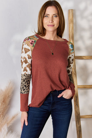 Hailey & Co Full Size Leopard Waffle-Knit Blouse Trendsi