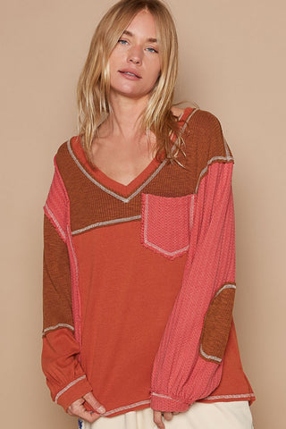 POL V-Neck Knit Panel Exposed Seam Top Trendsi