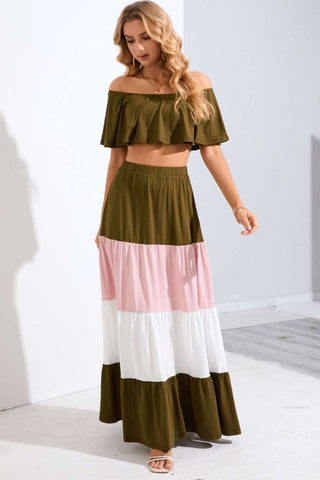 Off-Shoulder Crop Top and Color Block Tiered Skirt Set Trendsi