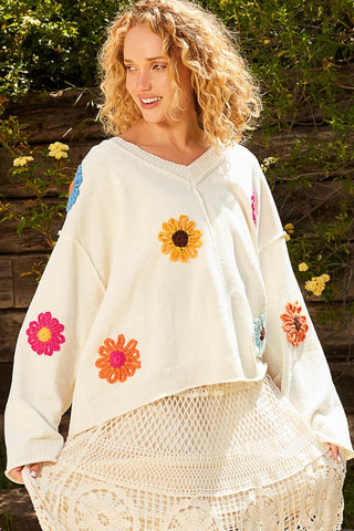 POL V-Neck Flower Patches Long Sleeve Sweater Trendsi