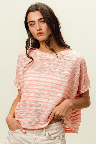 BiBi Braid Striped Short Sleeve Round Neck T-Shirt Trendsi