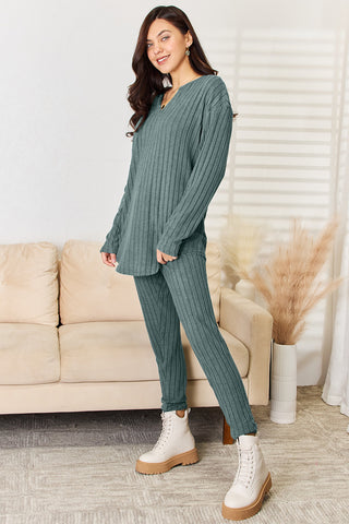 Basic Bae Full Size Notched Long Sleeve Top and Pants Set Trendsi