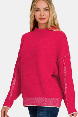 Zenana Exposed Seam Mock Neck Long Sleeve Sweater Trendsi