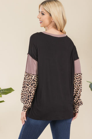 Celeste Full Size Leopard Color Block Exposed Seam T-Shirt Trendsi