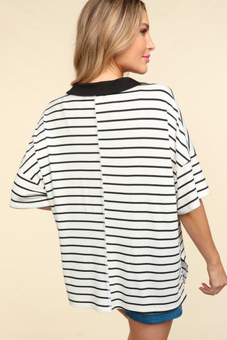 Haptics Full Size Striped Dropped Shoulder Half Sleeve T-Shirt Trendsi