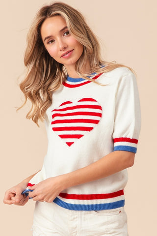 BiBi US Flag Theme Striped Heart Sweater Trendsi