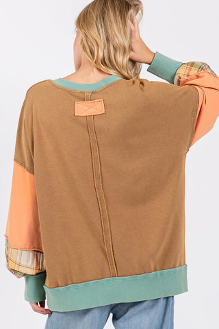 SAGE + FIG Mineral Wash Raw Edge Color Block Sweatshirt Trendsi