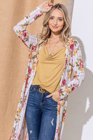 And The Why Floral Kimono Open Front Longline Cardigan Trendsi