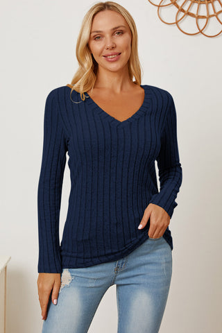 Basic Bae Full Size Ribbed V-Neck Long Sleeve T-Shirt Trendsi