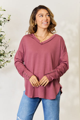 Culture Code Full Size V-Neck Exposed Seam Long Sleeve Blouse Trendsi