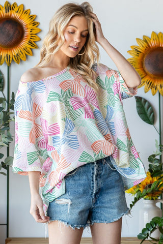 HOPELY Bow Print Oversized Waffle T-Shirt Trendsi