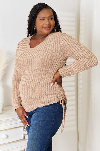 Double Take Drawstring Ribbed Long Sleeve T-Shirt Trendsi