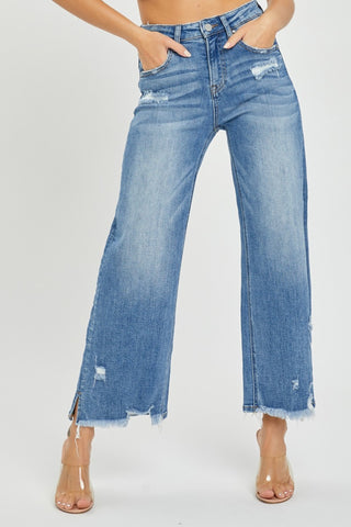 RISEN High Rise Side Slit Raw Hem Cropped Jeans Trendsi