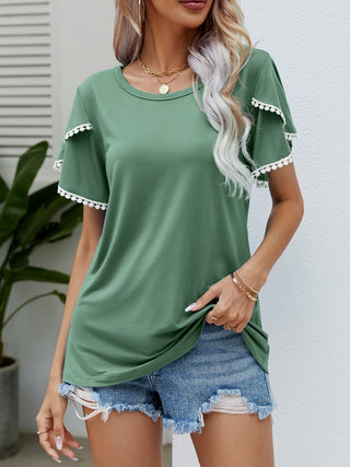 Pom-Pom Trim Flutter Sleeve Round Neck T-Shirt Trendsi