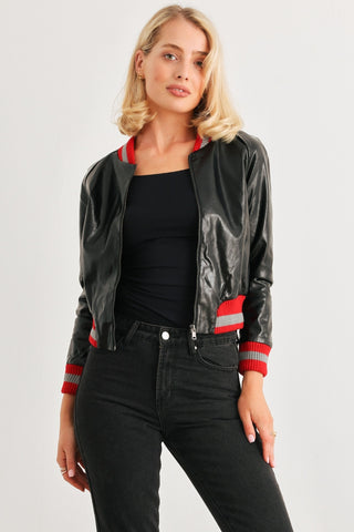 Comme PU Leather Baseball Collar Long Sleeve Jacket Trendsi