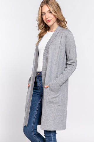 ACTIVE BASIC Open Front Rib Trim Long Sleeve Knit Cardigan Trendsi