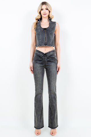 American Bazi Zip Up Washed Crop Denim Vest Trendsi