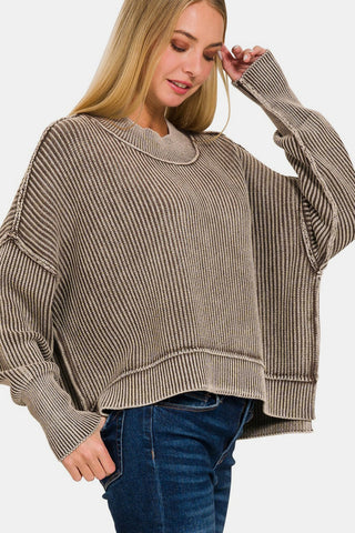 Zenana Exposed Seam Round Neck Dropped Shoulder Sweater Trendsi