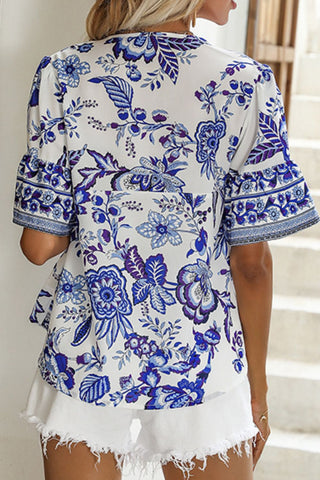 Perfee Printed Buttoned Flounce Sleeve Blouse Trendsi