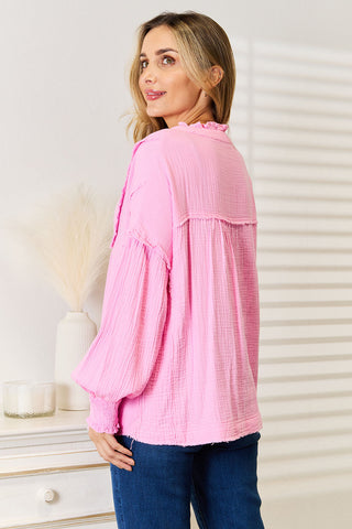 Double Take Exposed Seam Buttoned Notched Neck Blouse Trendsi