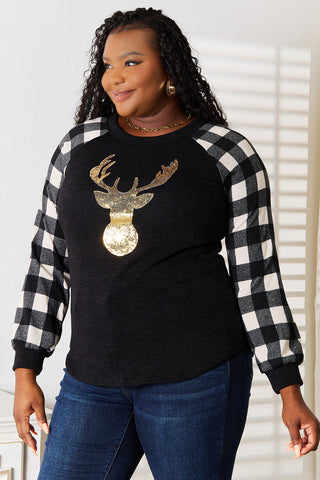 Heimish Full Size Sequin Reindeer Graphic Plaid Top Trendsi