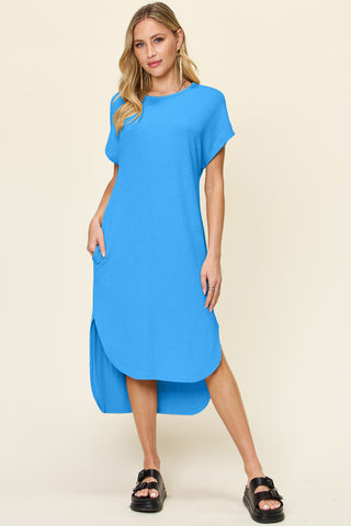 Double Take Full Size Round Neck Short Sleeve Slit Dress Trendsi