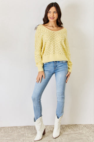 HYFVE V-Neck Patterned Long Sleeve Sweater Trendsi