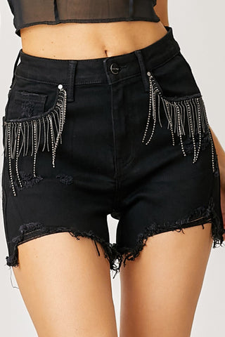 RISEN Frayed Hem Denim Shorts with Fringe Detail Pockets Trendsi