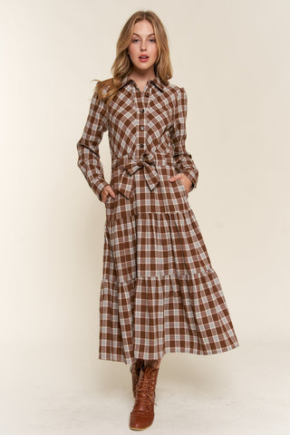 And the Why Plaid Tiered Midi Shirt Dress Trendsi