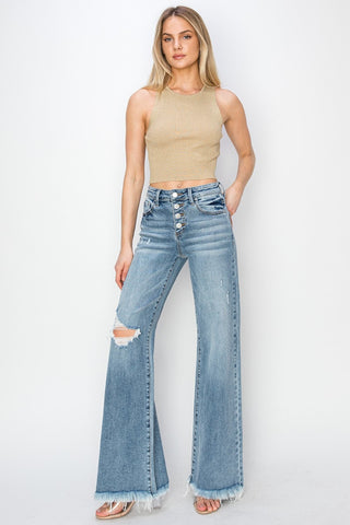 RISEN Mid Rise Button Fly Wide Leg Jeans Trendsi